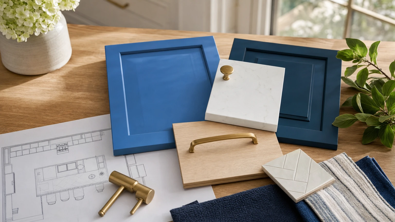 Design selections in Premium Remodel blue, navy, oak, and warm white