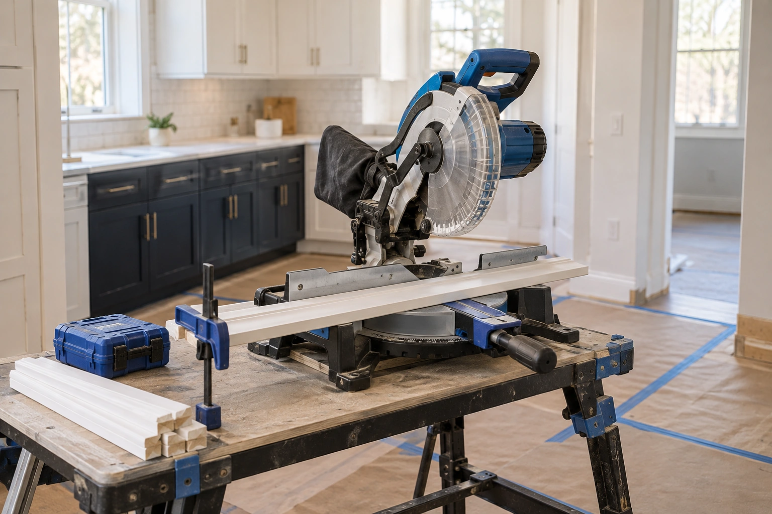 Finish carpentry workbench with a blue miter saw, trim boards, and protected flooring